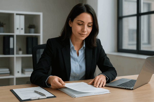 Una profesional experta revisa documentos, demostrando el compromiso de Permisos Pyme.